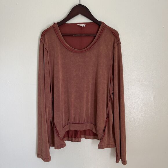 POL Raw Hem Acid Wash Scoopneck Boho Relaxed Fit Blouse, Rust Orange- Small - Picture 4 of 10